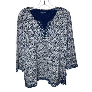 Coldwater Creek Blue White Pattern Top Long Sleeve V Neck Women's Large